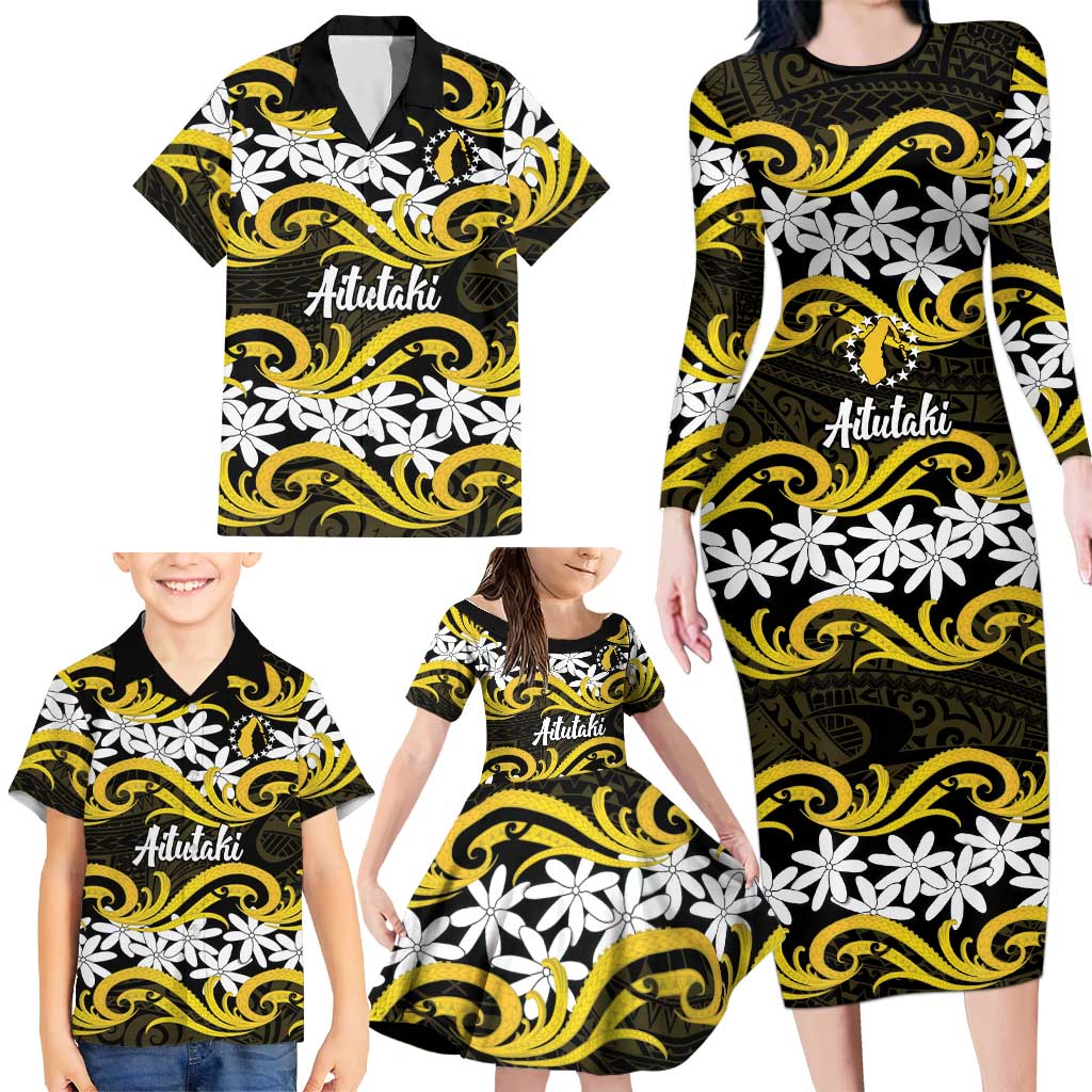 Personalised Cook Islands Aitutaki Family Matching Long Sleeve Bodycon Dress and Hawaiian Shirt Tiare Maori Polynesian Waves Tattoo