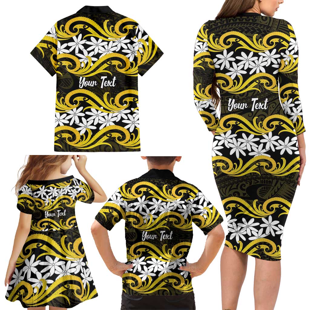 Personalised Cook Islands Aitutaki Family Matching Long Sleeve Bodycon Dress and Hawaiian Shirt Tiare Maori Polynesian Waves Tattoo