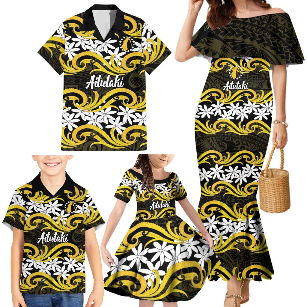 Personalised Cook Islands Aitutaki Family Matching Mermaid Dress and Hawaiian Shirt Tiare Maori Polynesian Waves Tattoo