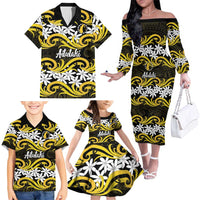 Personalised Cook Islands Aitutaki Family Matching Off The Shoulder Long Sleeve Dress and Hawaiian Shirt Tiare Maori Polynesian Waves Tattoo