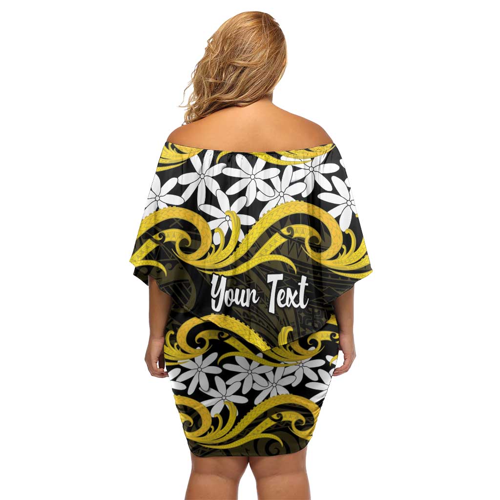 Personalised Cook Islands Aitutaki Family Matching Off Shoulder Short Dress and Hawaiian Shirt Tiare Maori Polynesian Waves Tattoo