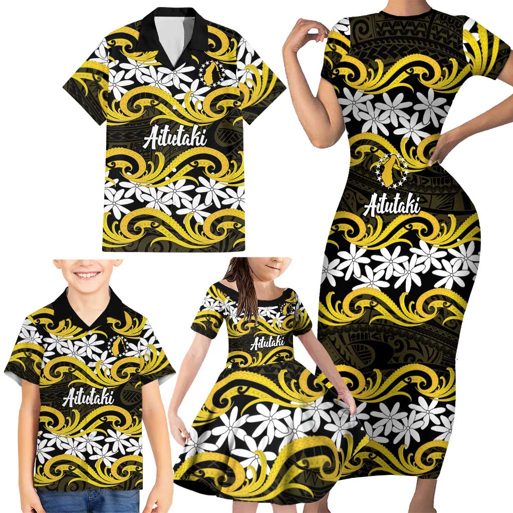 Personalised Cook Islands Aitutaki Family Matching Short Sleeve Bodycon Dress and Hawaiian Shirt Tiare Maori Polynesian Waves Tattoo