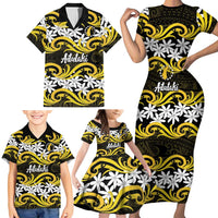 Personalised Cook Islands Aitutaki Family Matching Short Sleeve Bodycon Dress and Hawaiian Shirt Tiare Maori Polynesian Waves Tattoo