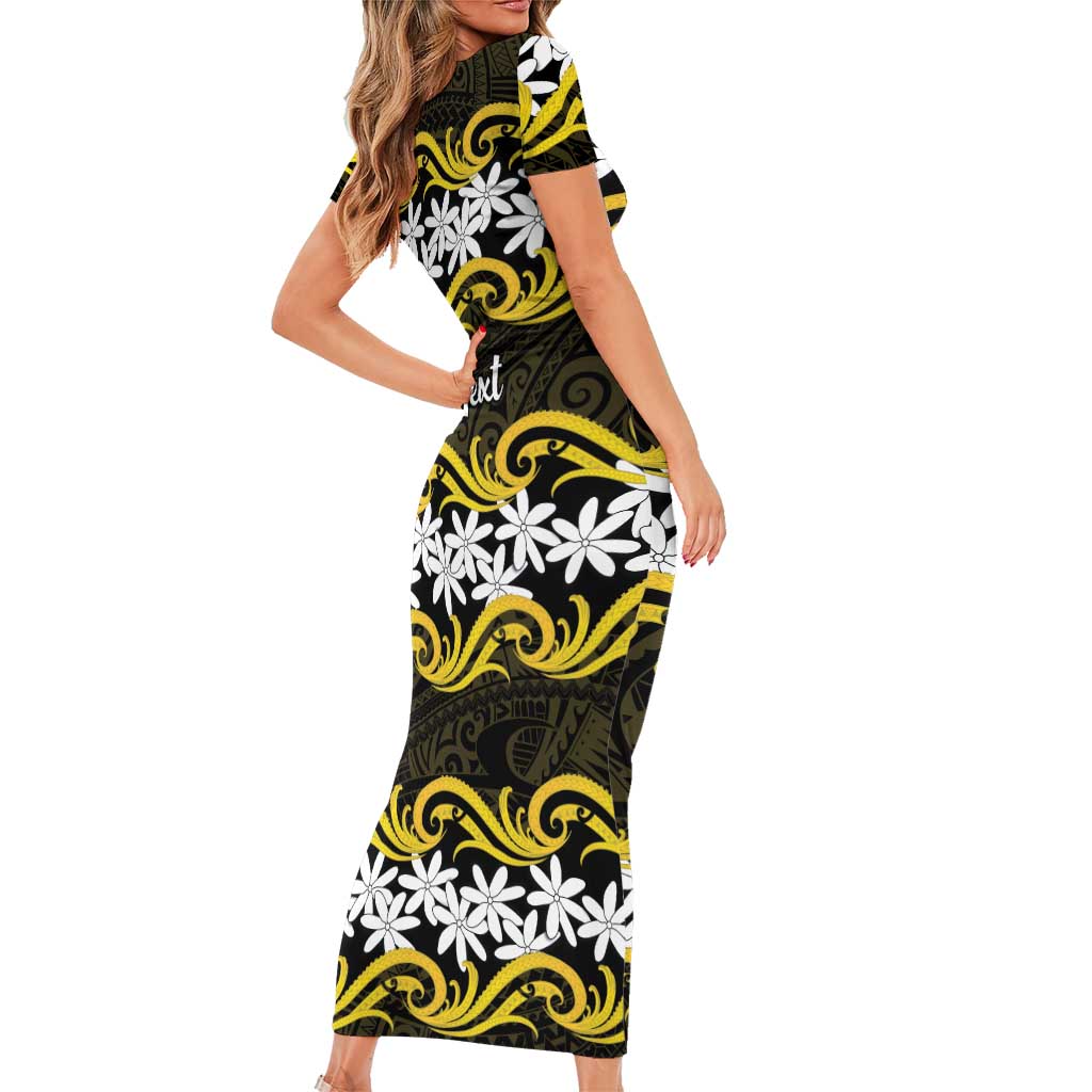Personalised Cook Islands Aitutaki Family Matching Short Sleeve Bodycon Dress and Hawaiian Shirt Tiare Maori Polynesian Waves Tattoo