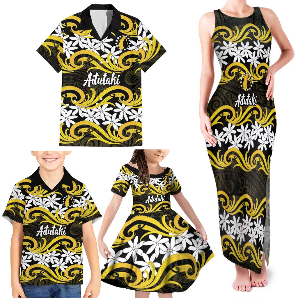 Personalised Cook Islands Aitutaki Family Matching Tank Maxi Dress and Hawaiian Shirt Tiare Maori Polynesian Waves Tattoo