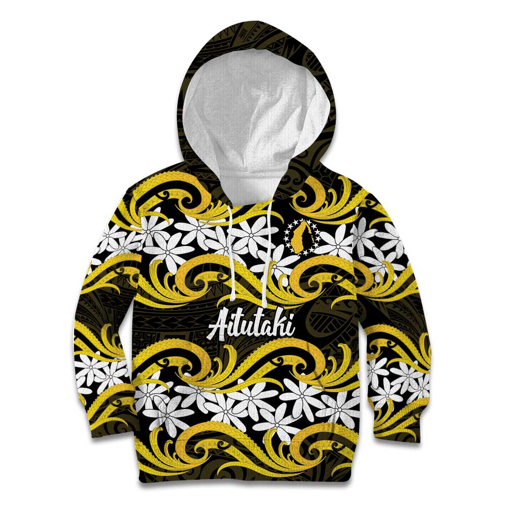 Personalised Cook Islands Aitutaki Kid Hoodie Tiare Maori Polynesian Waves Tattoo