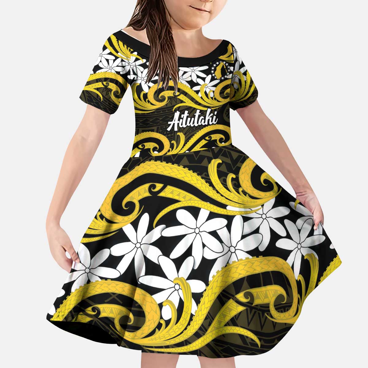 Personalised Cook Islands Aitutaki Kid Short Sleeve Dress Tiare Maori Polynesian Waves Tattoo