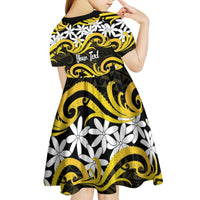 Personalised Cook Islands Aitutaki Kid Short Sleeve Dress Tiare Maori Polynesian Waves Tattoo
