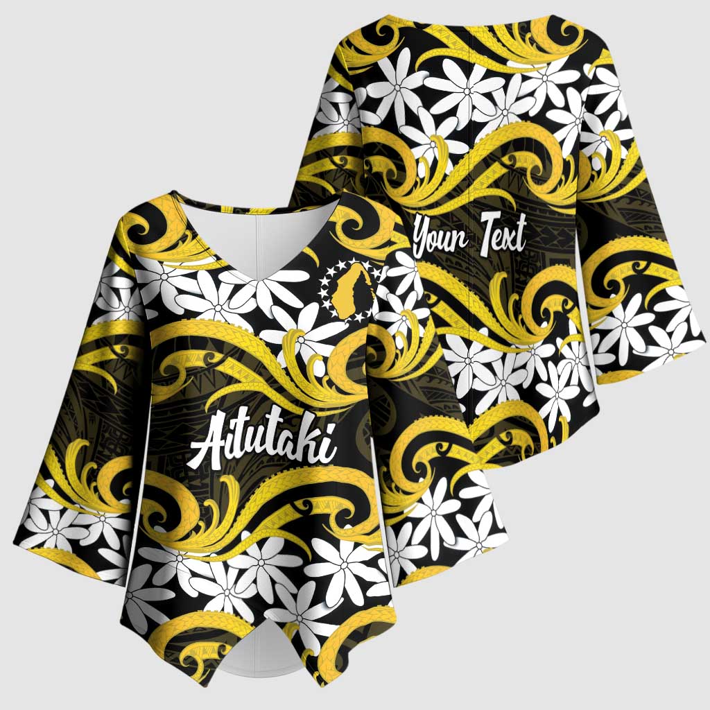Personalised Cook Islands Aitutaki Kimono Sleeve Blouse Tiare Maori Polynesian Waves Tattoo