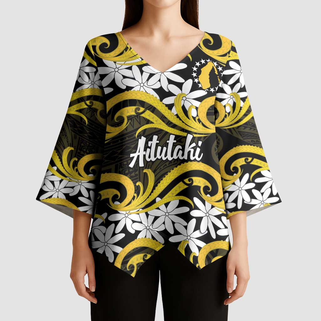 Personalised Cook Islands Aitutaki Kimono Sleeve Blouse Tiare Maori Polynesian Waves Tattoo