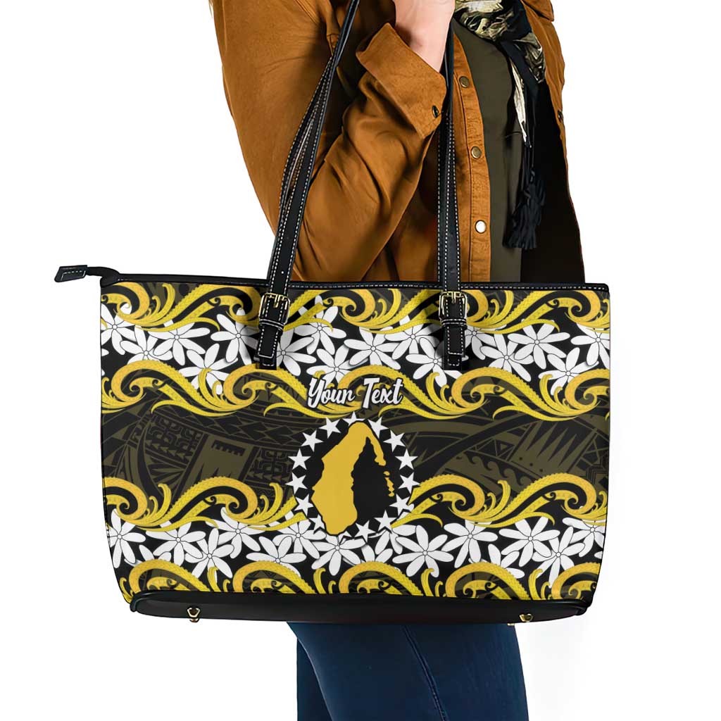Personalised Cook Islands Aitutaki Leather Tote Bag Tiare Maori Polynesian Waves Tattoo