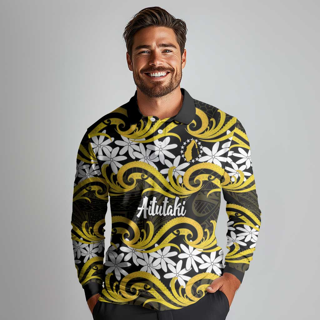 Personalised Cook Islands Aitutaki Long Sleeve Polo Shirt Tiare Maori Polynesian Waves Tattoo