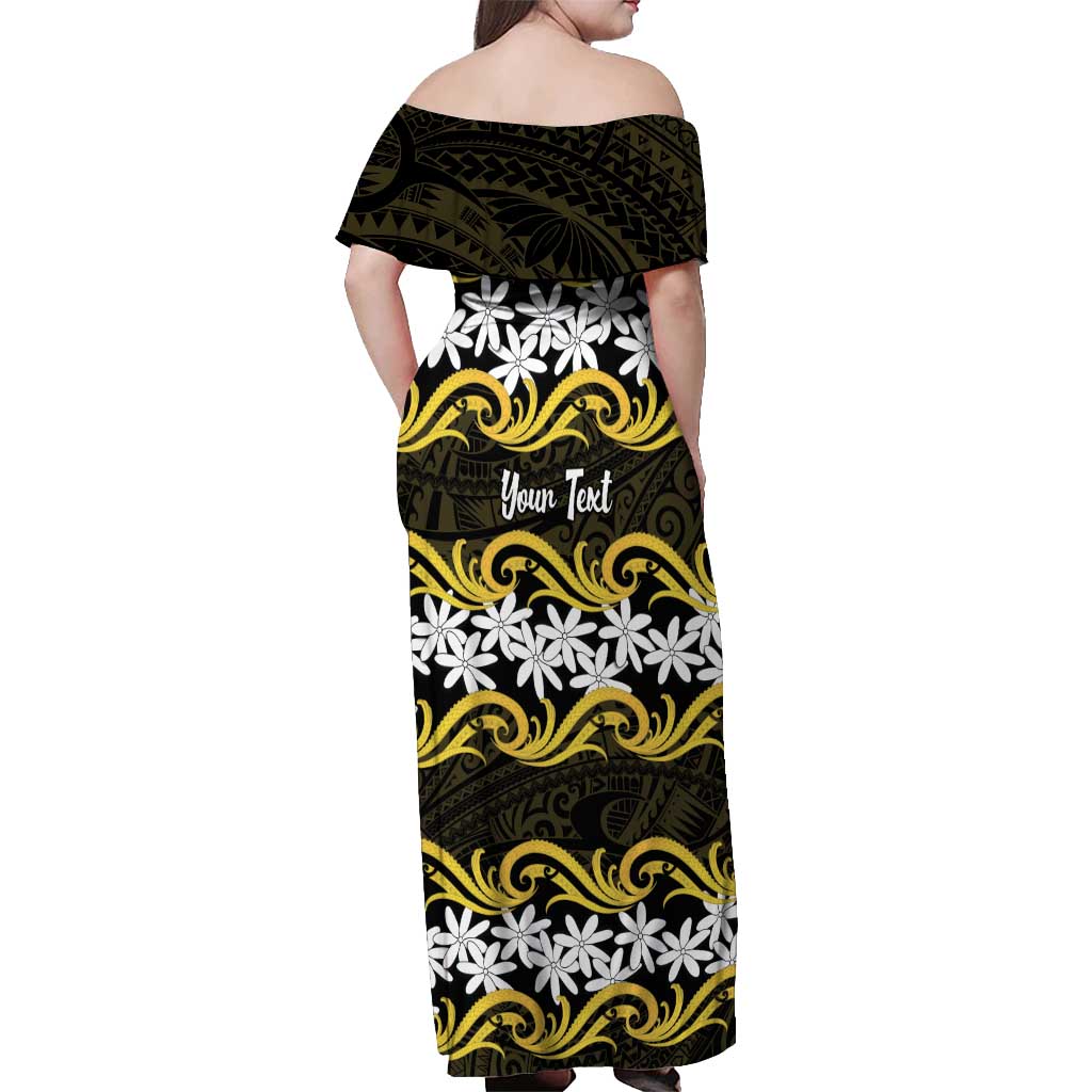 Personalised Cook Islands Aitutaki Off Shoulder Maxi Dress Tiare Maori Polynesian Waves Tattoo