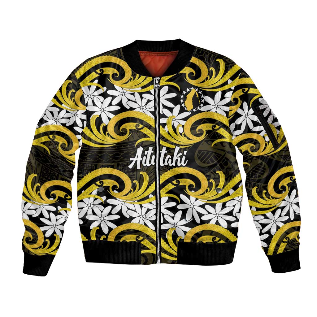 Personalised Cook Islands Aitutaki Sleeve Zip Bomber Jacket Tiare Maori Polynesian Waves Tattoo
