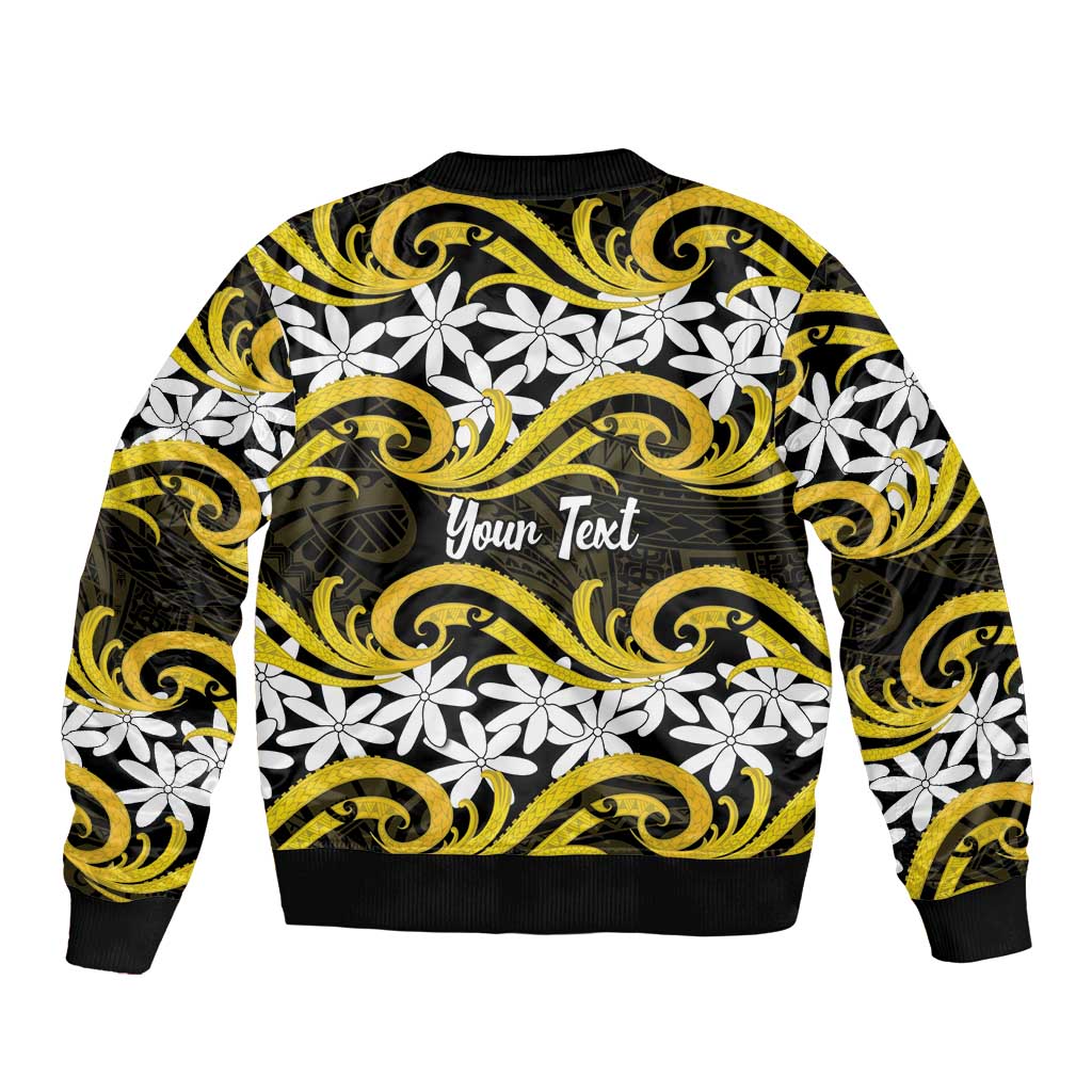 Personalised Cook Islands Aitutaki Sleeve Zip Bomber Jacket Tiare Maori Polynesian Waves Tattoo