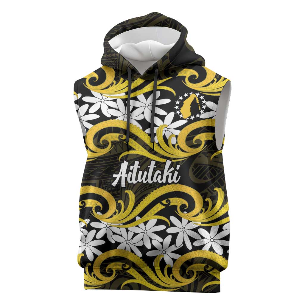 Personalised Cook Islands Aitutaki Sleeveless Hoodie Tiare Maori Polynesian Waves Tattoo LT14 Yellow - Polynesian Pride