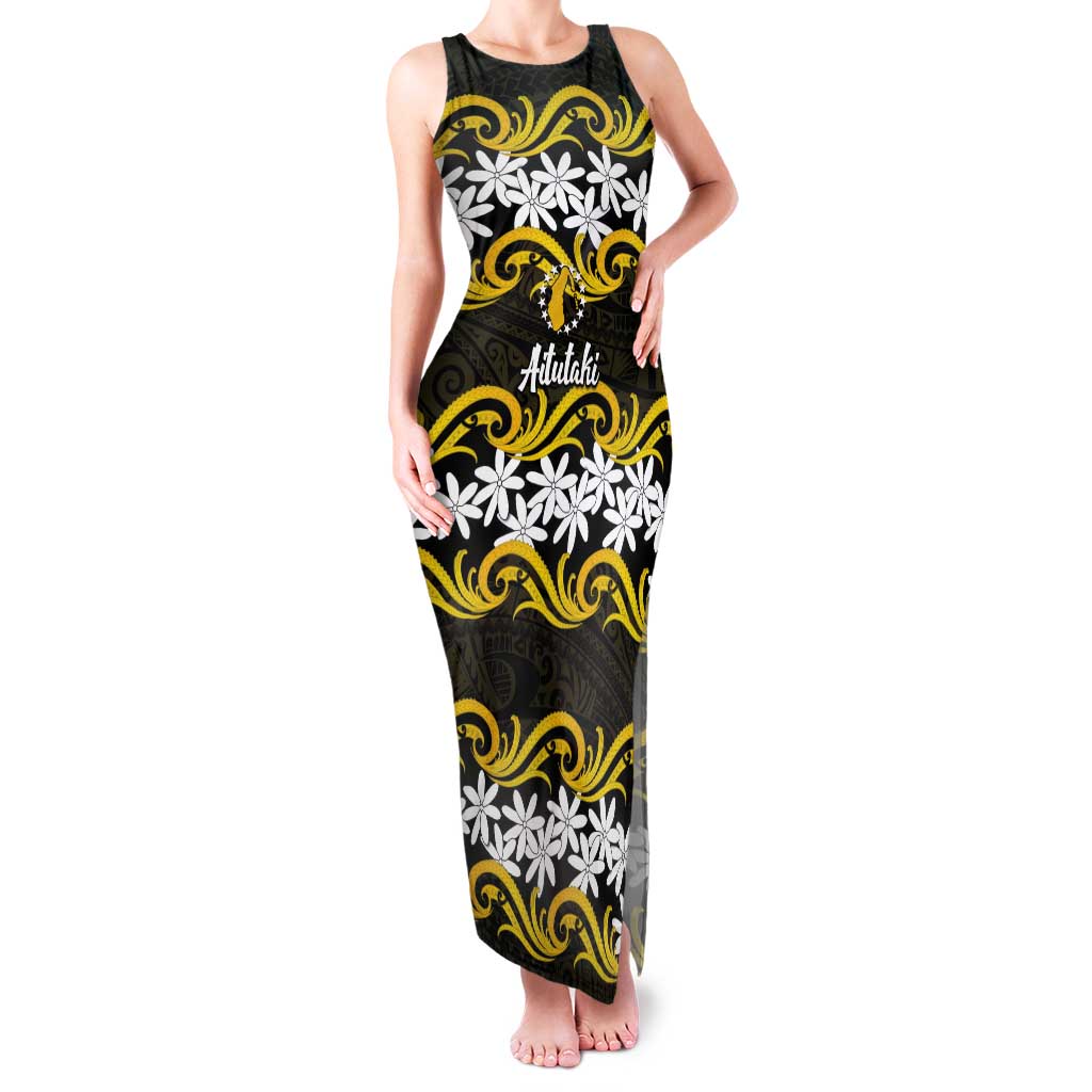 Personalised Cook Islands Aitutaki Tank Maxi Dress Tiare Maori Polynesian Waves Tattoo LT14 Women Yellow - Polynesian Pride