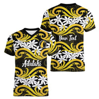 Personalised Cook Islands Aitutaki Women V-Neck T-Shirt Tiare Maori Polynesian Waves Tattoo
