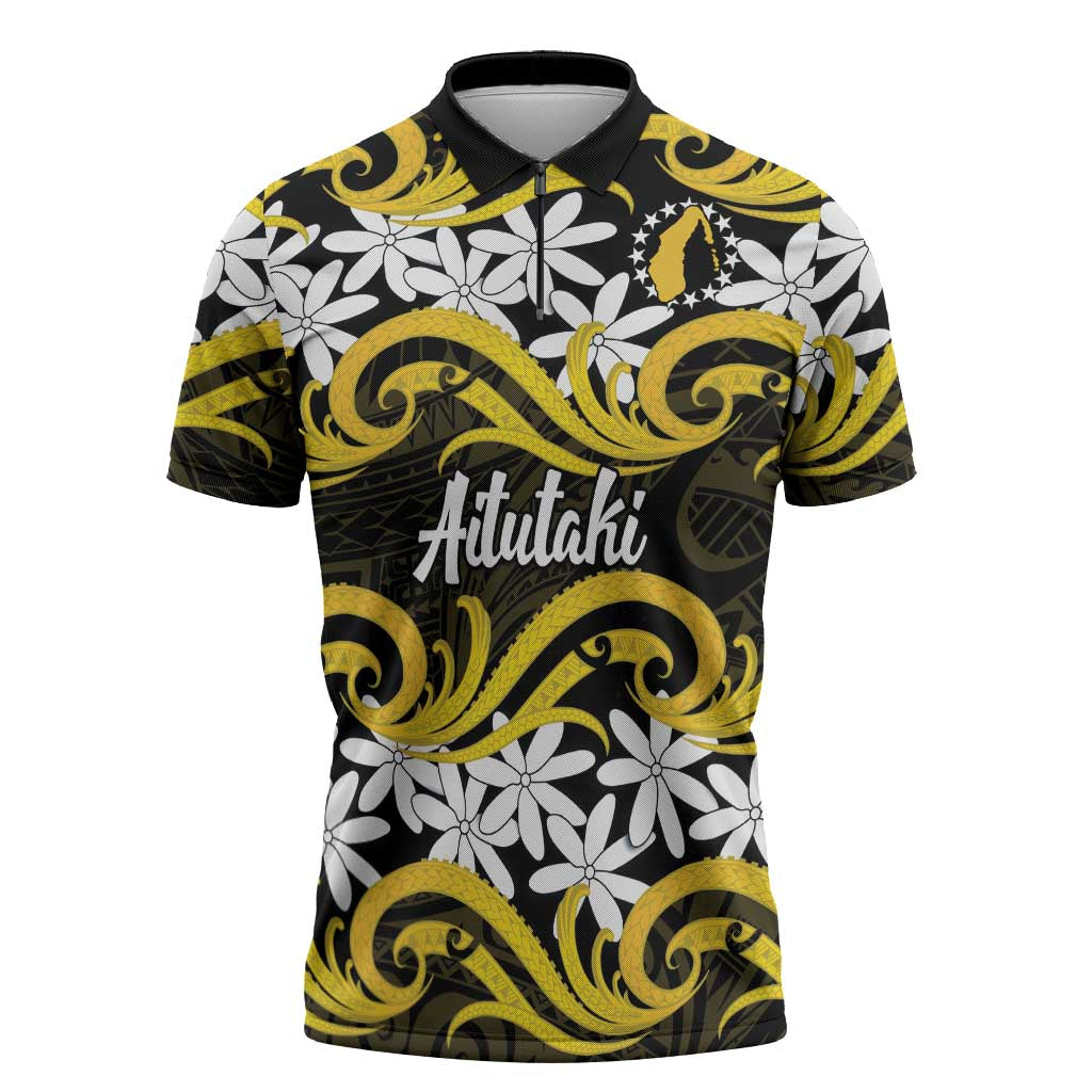 Personalised Cook Islands Aitutaki Zipper Polo Shirt Tiare Maori Polynesian Waves Tattoo LT14 Yellow - Polynesian Pride