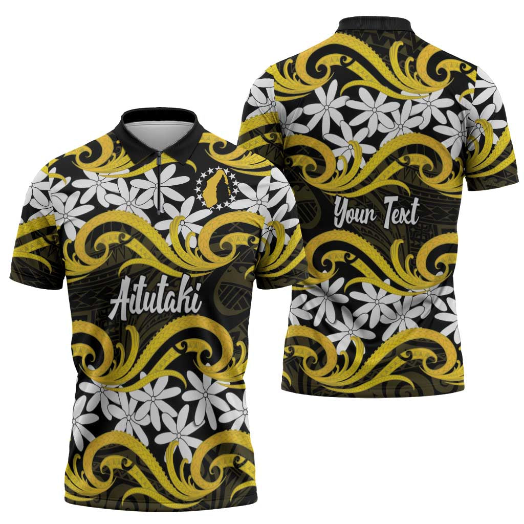 Personalised Cook Islands Aitutaki Zipper Polo Shirt Tiare Maori Polynesian Waves Tattoo LT14 - Polynesian Pride