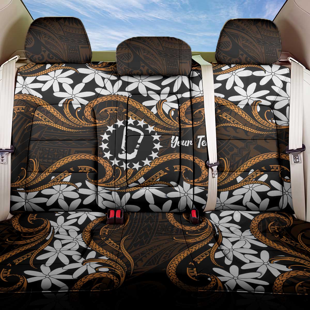 Personalised Cook Islands Rakahanga Back Car Seat Cover Tiare Maori Polynesian Waves Tattoo LT14 One Size Orange - Polynesian Pride