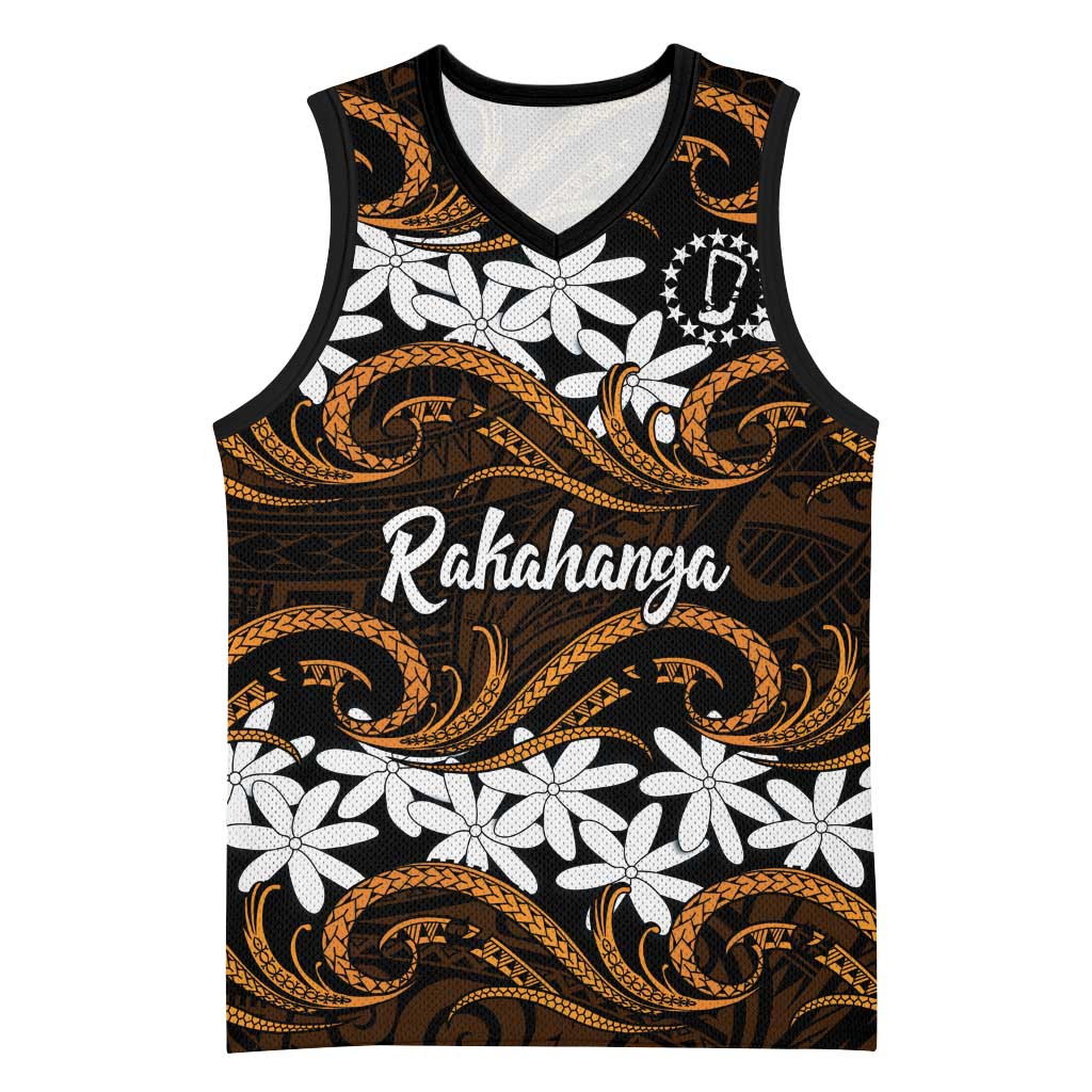 Personalised Cook Islands Rakahanga Basketball Jersey Tiare Maori Polynesian Waves Tattoo LT14 Unisex Orange - Polynesian Pride