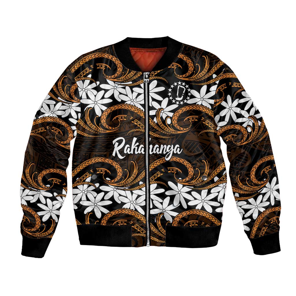 Personalised Cook Islands Rakahanga Bomber Jacket Tiare Maori Polynesian Waves Tattoo