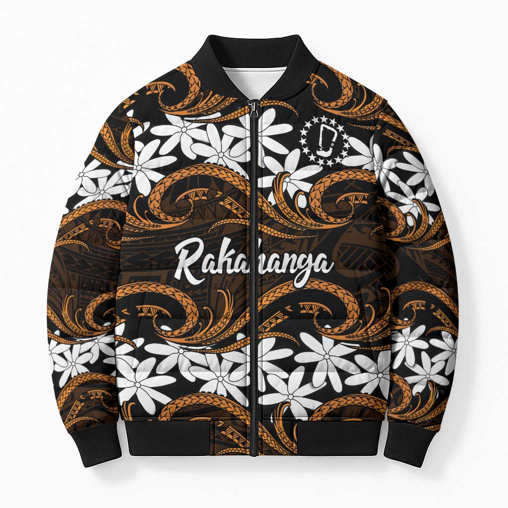 Personalised Cook Islands Rakahanga Bomber Puffer Jacket Tiare Maori Polynesian Waves Tattoo