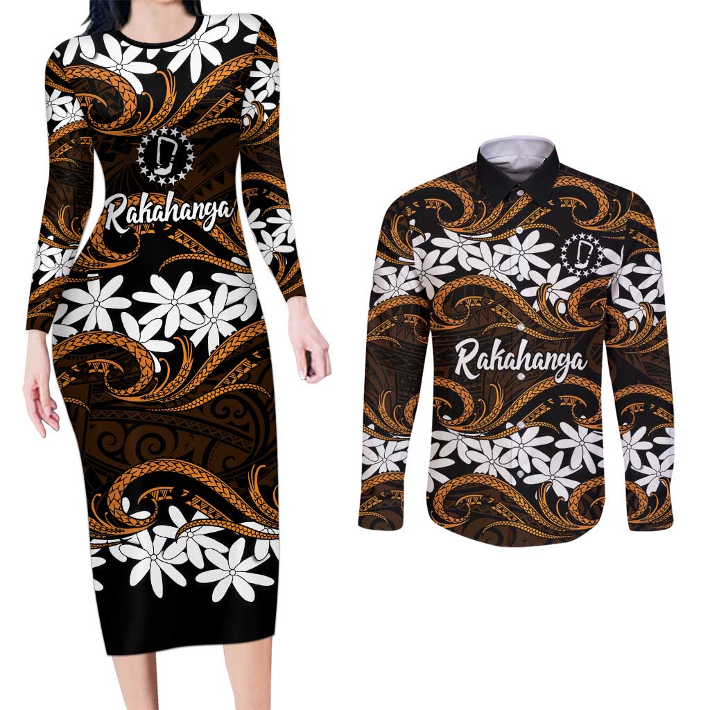 Personalised Cook Islands Rakahanga Couples Matching Long Sleeve Bodycon Dress and Long Sleeve Button Shirt Tiare Maori Polynesian Waves Tattoo