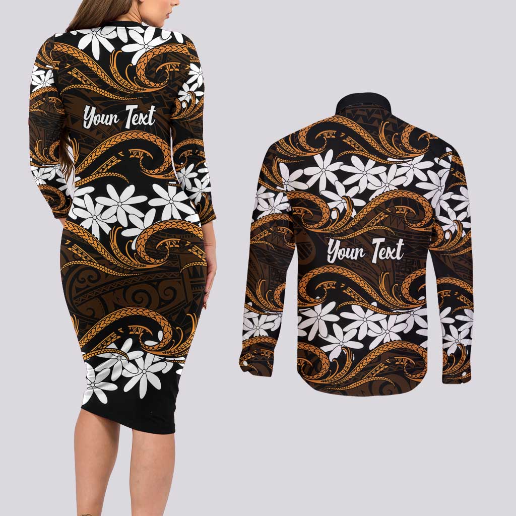 Personalised Cook Islands Rakahanga Couples Matching Long Sleeve Bodycon Dress and Long Sleeve Button Shirt Tiare Maori Polynesian Waves Tattoo