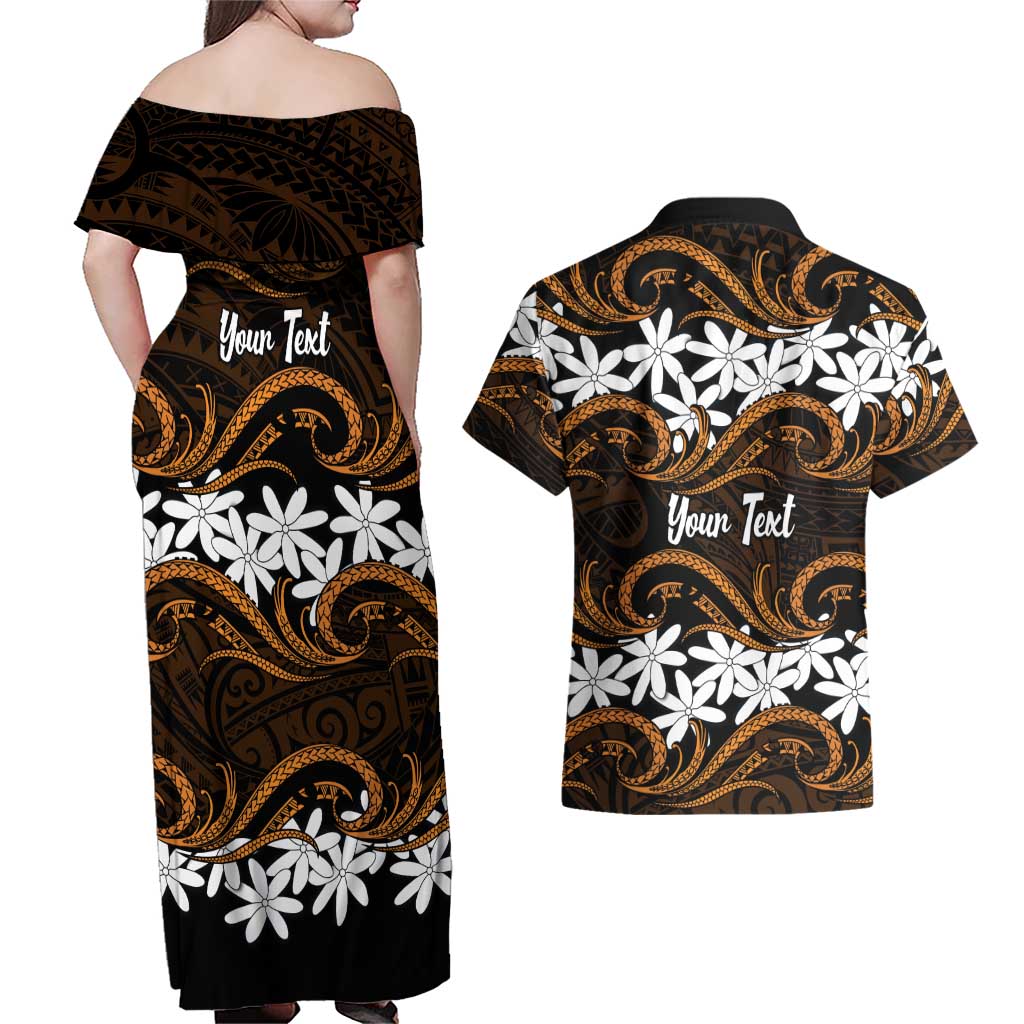 Personalised Cook Islands Rakahanga Couples Matching Off Shoulder Maxi Dress and Hawaiian Shirt Tiare Maori Polynesian Waves Tattoo