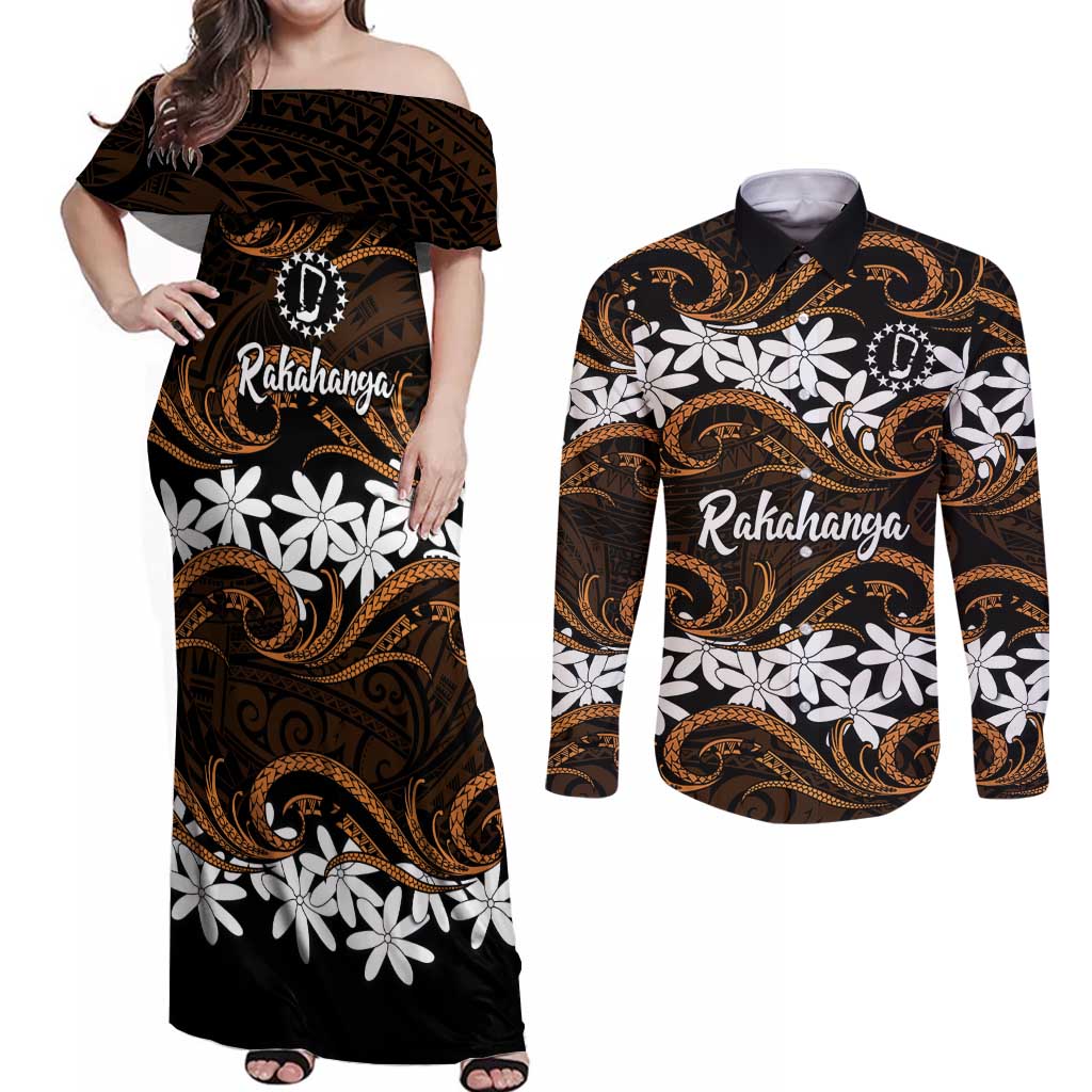 Personalised Cook Islands Rakahanga Couples Matching Off Shoulder Maxi Dress and Long Sleeve Button Shirt Tiare Maori Polynesian Waves Tattoo