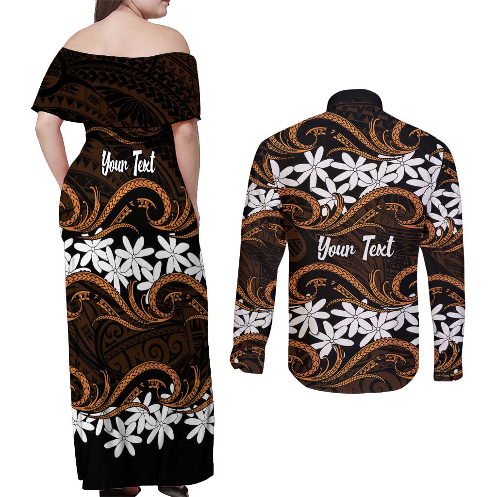 Personalised Cook Islands Rakahanga Couples Matching Off Shoulder Maxi Dress and Long Sleeve Button Shirt Tiare Maori Polynesian Waves Tattoo
