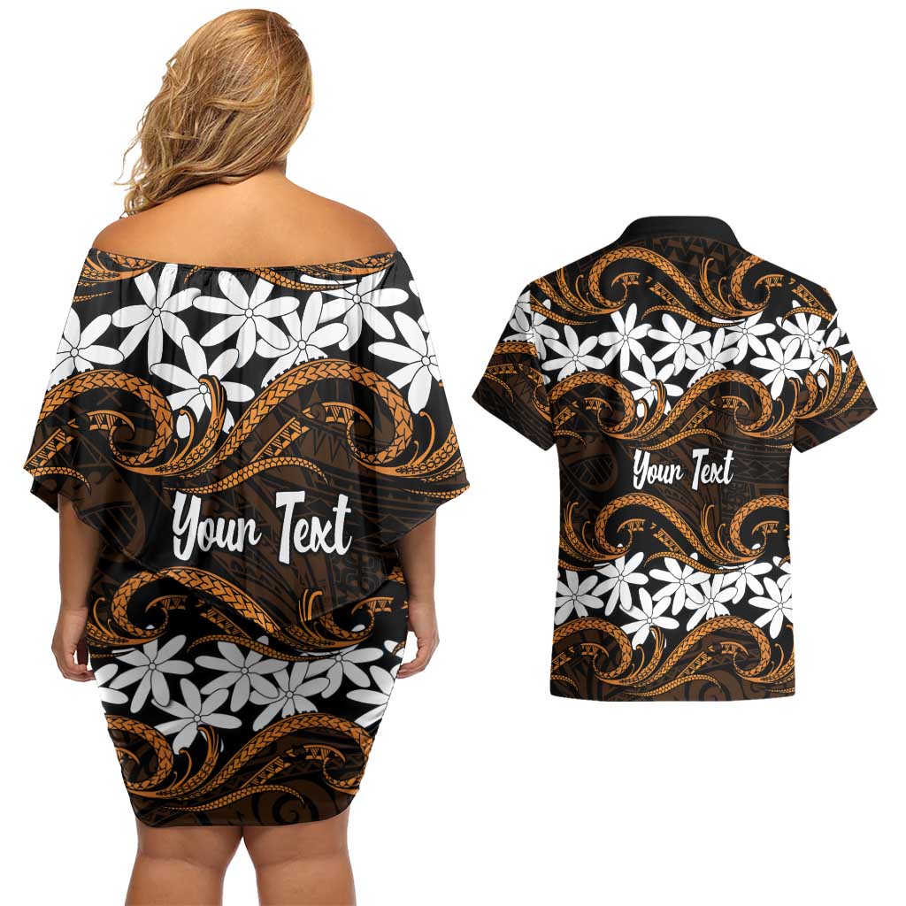 Personalised Cook Islands Rakahanga Couples Matching Off Shoulder Short Dress and Hawaiian Shirt Tiare Maori Polynesian Waves Tattoo