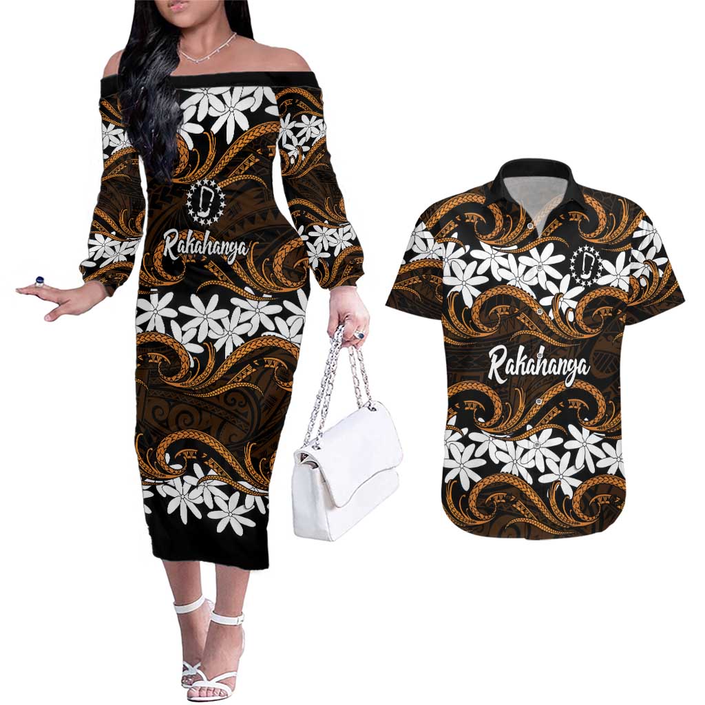 Personalised Cook Islands Rakahanga Couples Matching Off The Shoulder Long Sleeve Dress and Hawaiian Shirt Tiare Maori Polynesian Waves Tattoo