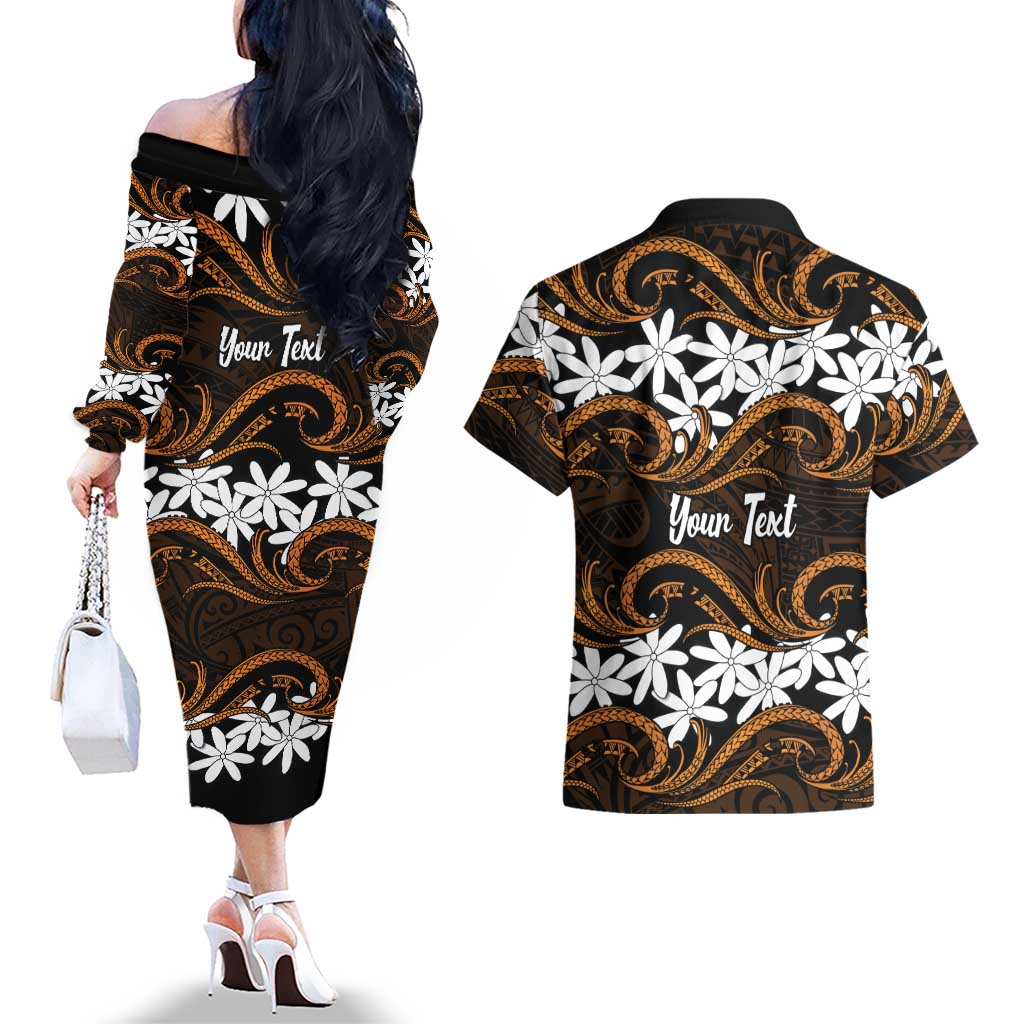 Personalised Cook Islands Rakahanga Couples Matching Off The Shoulder Long Sleeve Dress and Hawaiian Shirt Tiare Maori Polynesian Waves Tattoo