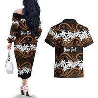 Personalised Cook Islands Rakahanga Couples Matching Off The Shoulder Long Sleeve Dress and Hawaiian Shirt Tiare Maori Polynesian Waves Tattoo