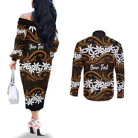 Personalised Cook Islands Rakahanga Couples Matching Off The Shoulder Long Sleeve Dress and Long Sleeve Button Shirt Tiare Maori Polynesian Waves Tattoo