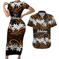 Personalised Cook Islands Rakahanga Couples Matching Short Sleeve Bodycon Dress and Hawaiian Shirt Tiare Maori Polynesian Waves Tattoo
