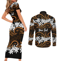 Personalised Cook Islands Rakahanga Couples Matching Short Sleeve Bodycon Dress and Long Sleeve Button Shirt Tiare Maori Polynesian Waves Tattoo