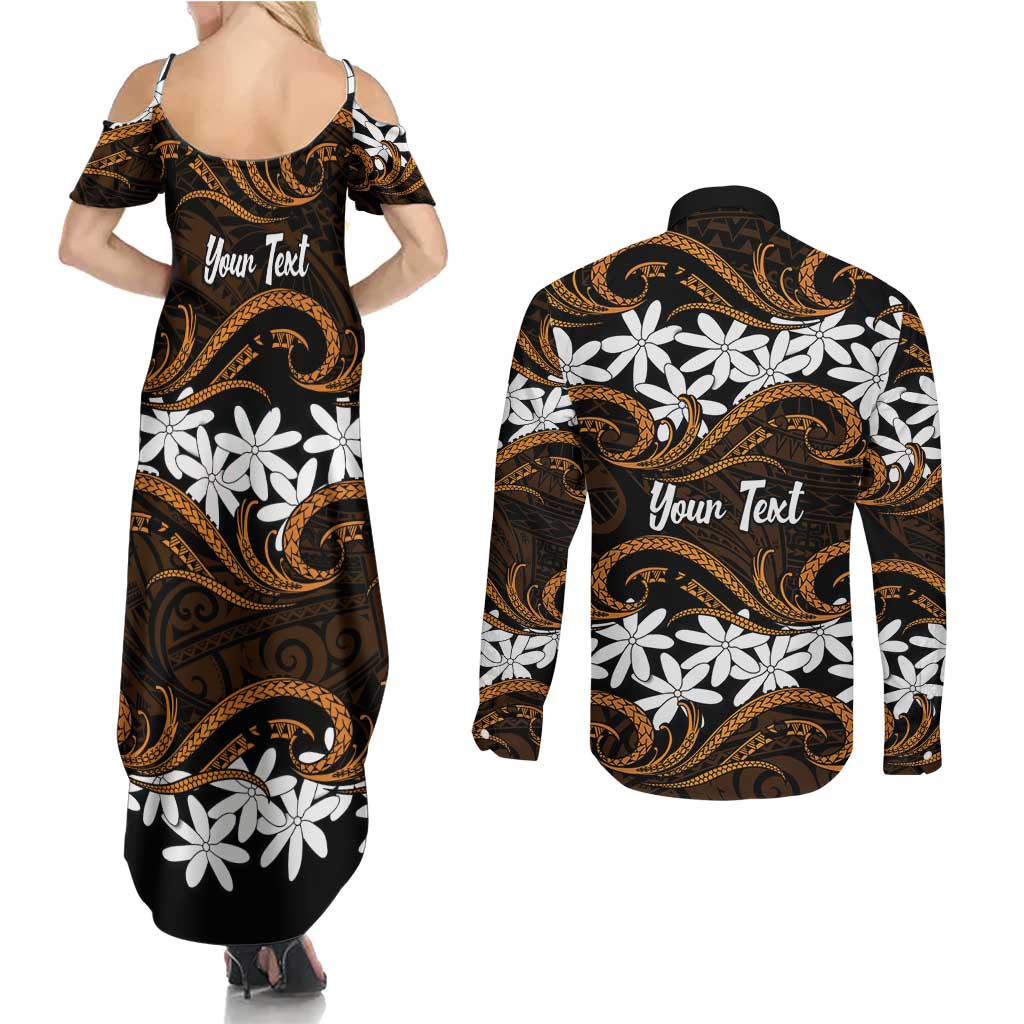 Personalised Cook Islands Rakahanga Couples Matching Summer Maxi Dress and Long Sleeve Button Shirt Tiare Maori Polynesian Waves Tattoo