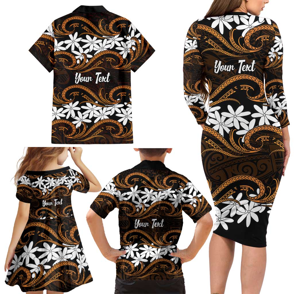 Personalised Cook Islands Rakahanga Family Matching Long Sleeve Bodycon Dress and Hawaiian Shirt Tiare Maori Polynesian Waves Tattoo