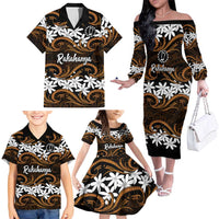 Personalised Cook Islands Rakahanga Family Matching Off The Shoulder Long Sleeve Dress and Hawaiian Shirt Tiare Maori Polynesian Waves Tattoo