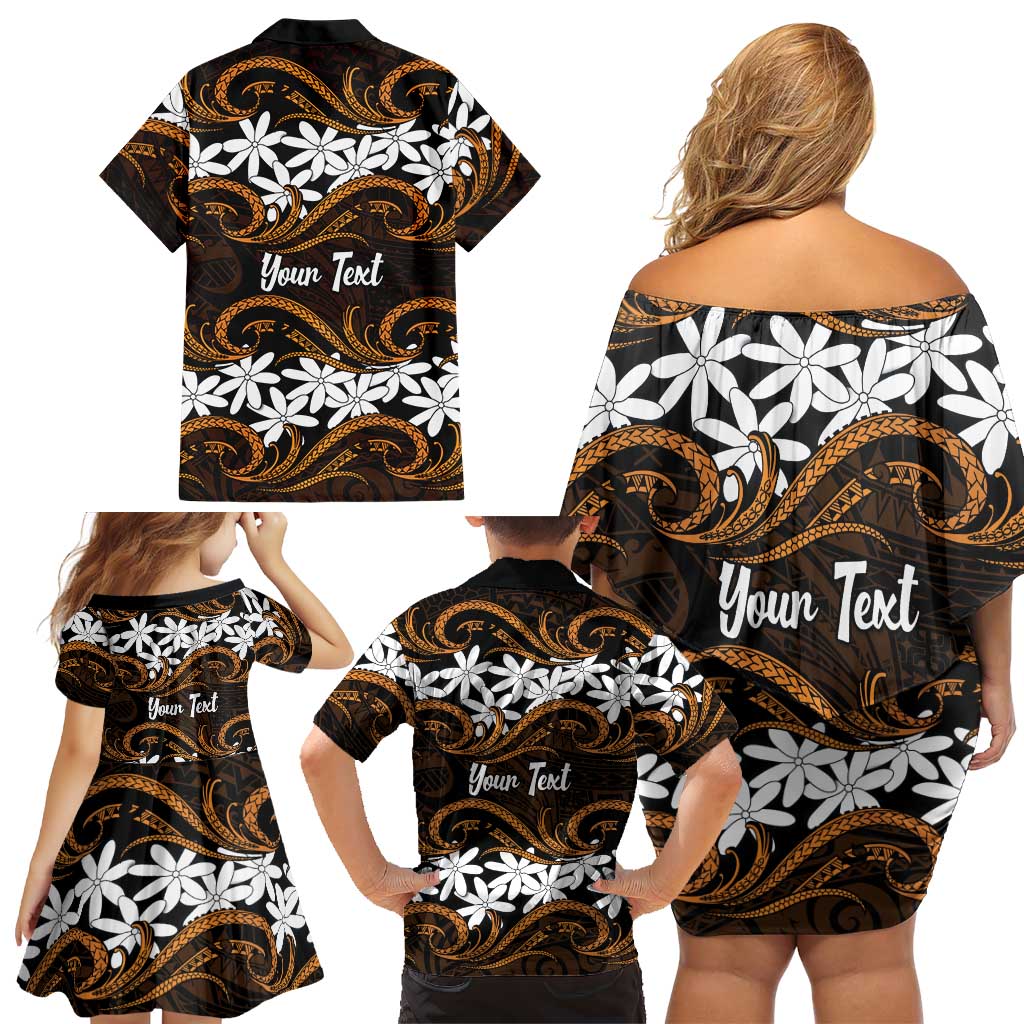Personalised Cook Islands Rakahanga Family Matching Off Shoulder Short Dress and Hawaiian Shirt Tiare Maori Polynesian Waves Tattoo