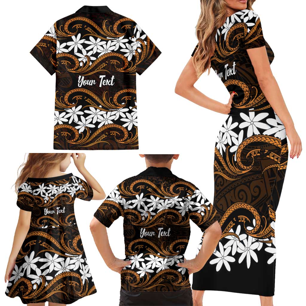 Personalised Cook Islands Rakahanga Family Matching Short Sleeve Bodycon Dress and Hawaiian Shirt Tiare Maori Polynesian Waves Tattoo