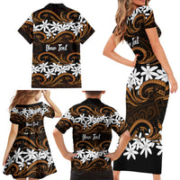 Personalised Cook Islands Rakahanga Family Matching Short Sleeve Bodycon Dress and Hawaiian Shirt Tiare Maori Polynesian Waves Tattoo