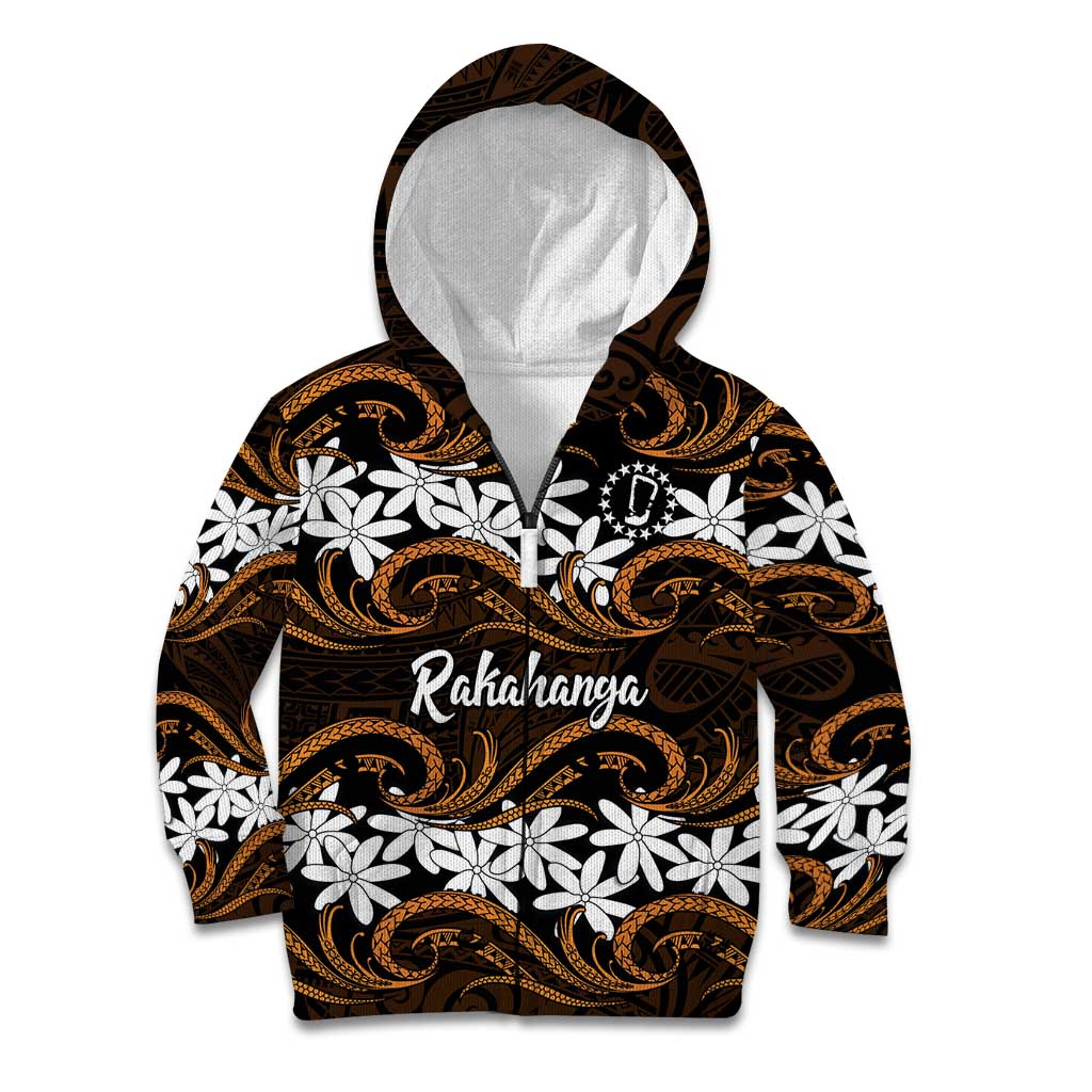 Personalised Cook Islands Rakahanga Kid Hoodie Tiare Maori Polynesian Waves Tattoo LT14 Zip Hoodie Orange - Polynesian Pride