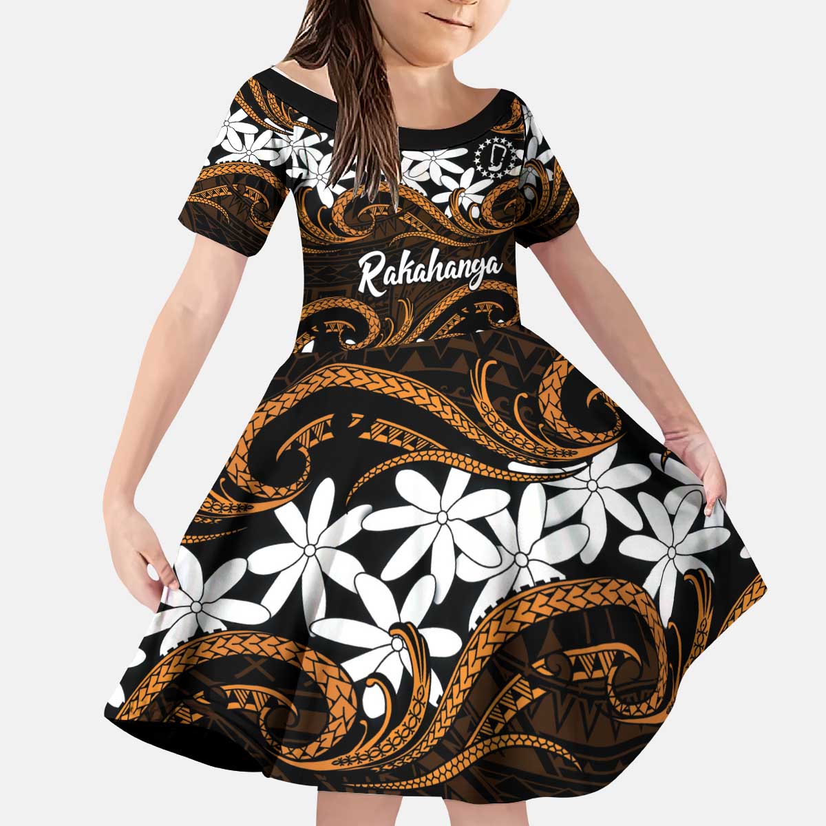 Personalised Cook Islands Rakahanga Kid Short Sleeve Dress Tiare Maori Polynesian Waves Tattoo