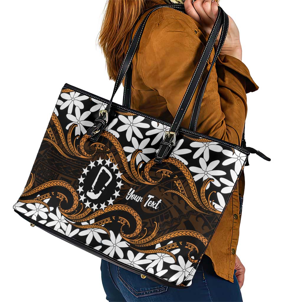 Personalised Cook Islands Rakahanga Leather Tote Bag Tiare Maori Polynesian Waves Tattoo