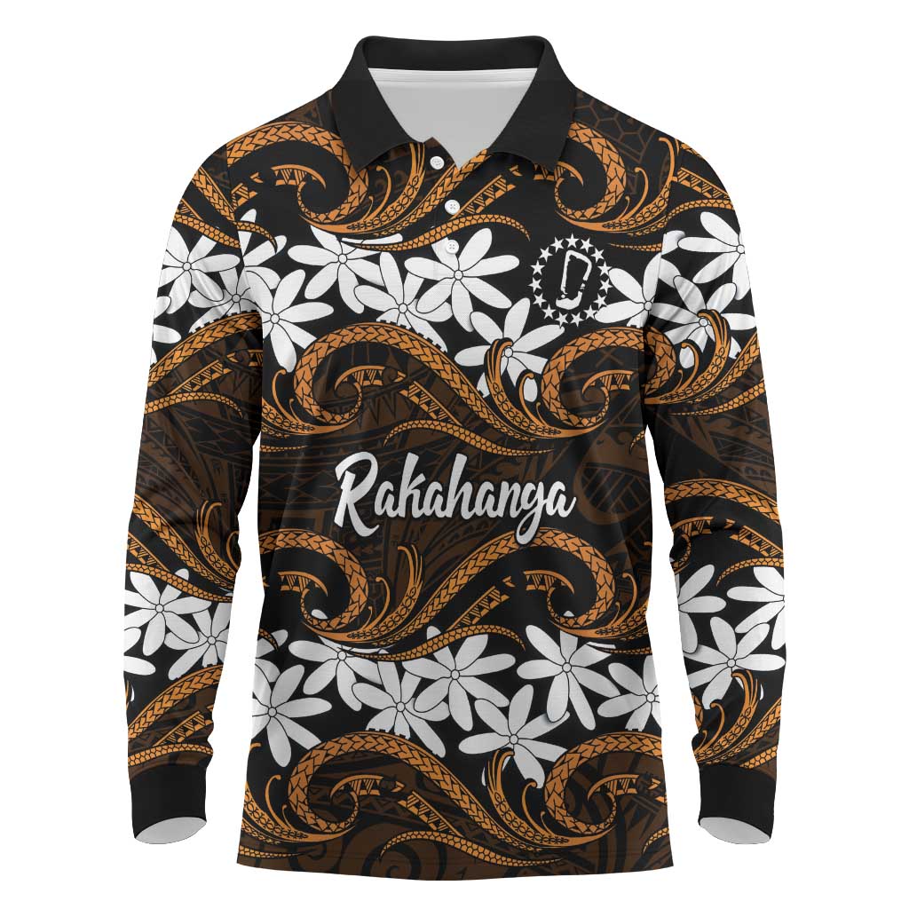 Personalised Cook Islands Rakahanga Long Sleeve Polo Shirt Tiare Maori Polynesian Waves Tattoo